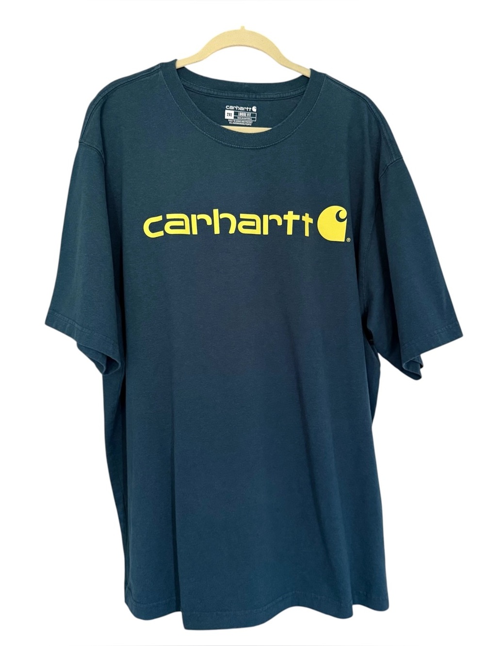 Carhartt Mens 2XL Loose Fit Graphic T-Shirt Teal Blue Yellow Logo K195 H70